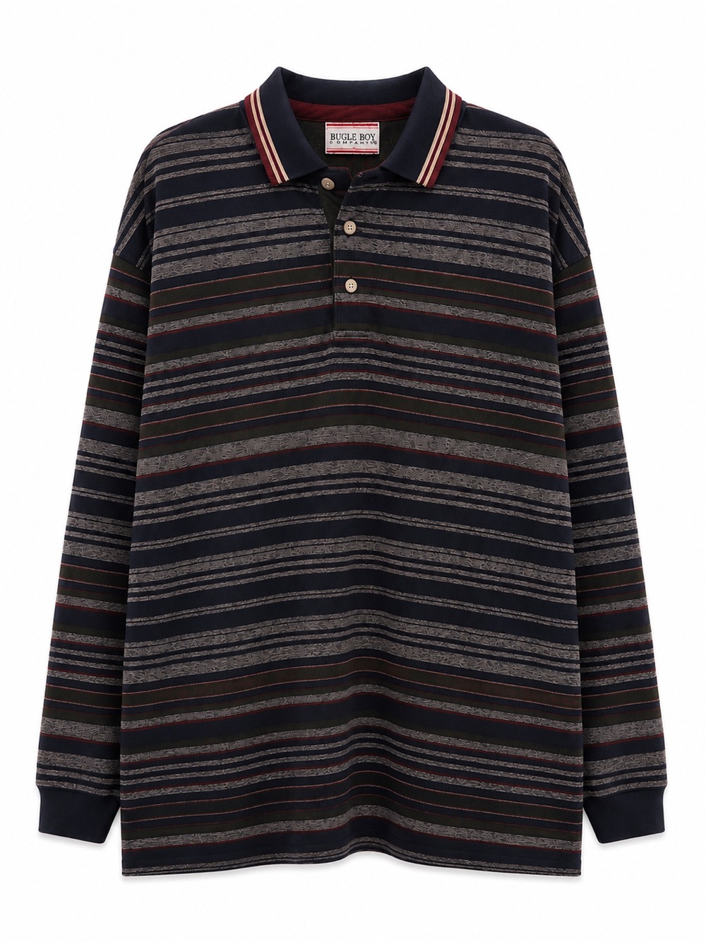 Vintage Bugle Boy Striped Long Sleeve Polo Navy Burgundy L Poly Cotton